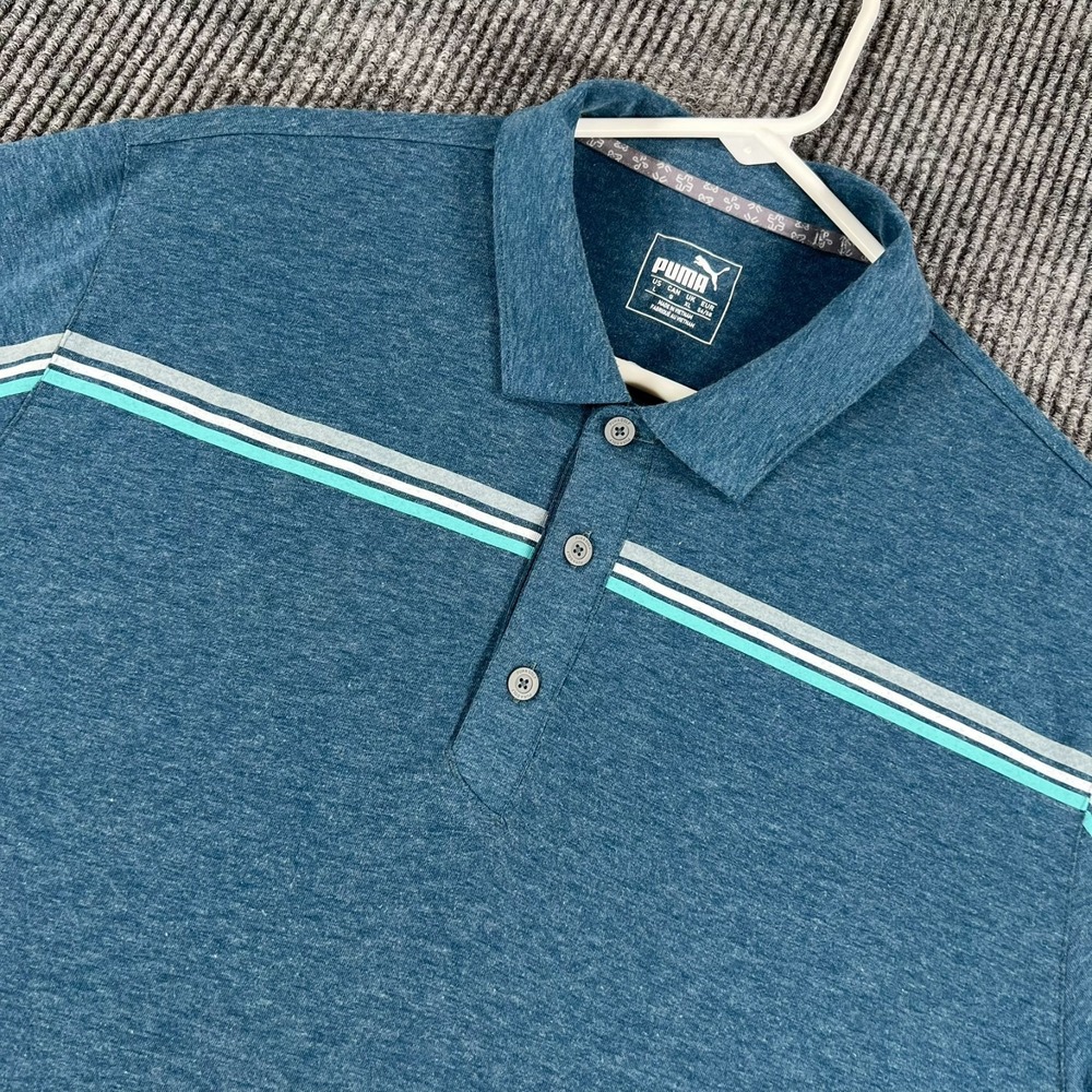Puma Polo Shirt Mens Large Blue Short Sleeve Striped Casual Comfort Golf Outdoor